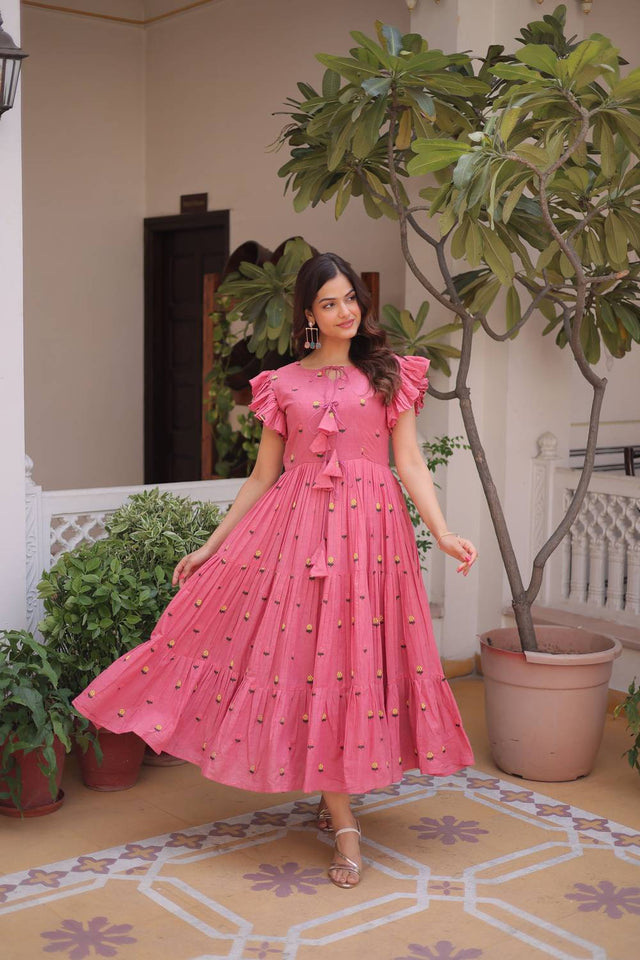 Pink Floral Embroidered Cotton Dresses (ACA7000)