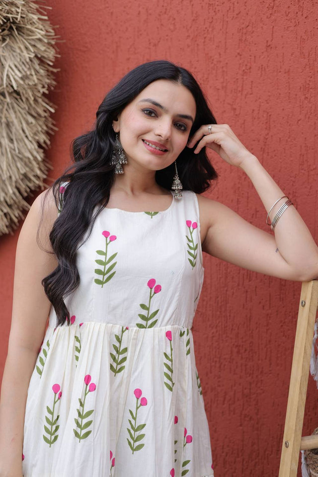 Pink Floral Printed Cotton Dresses (ACA7001)