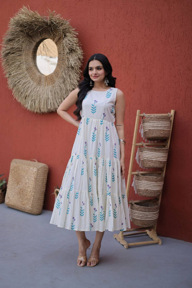 Blue Floral Printed Cotton Dresses (ACA7002)