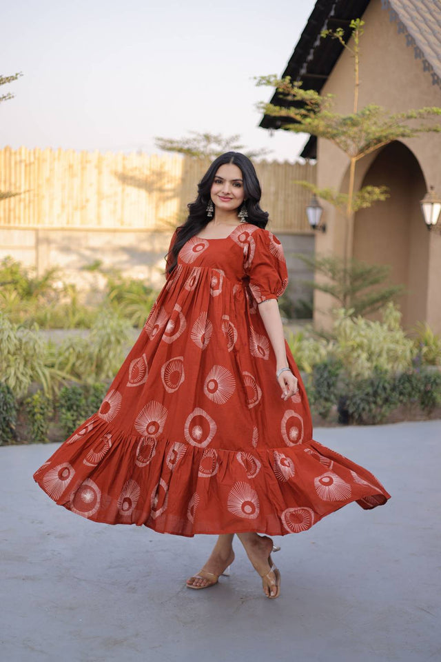Rust Printed Cotton Dresses (ACA7003)