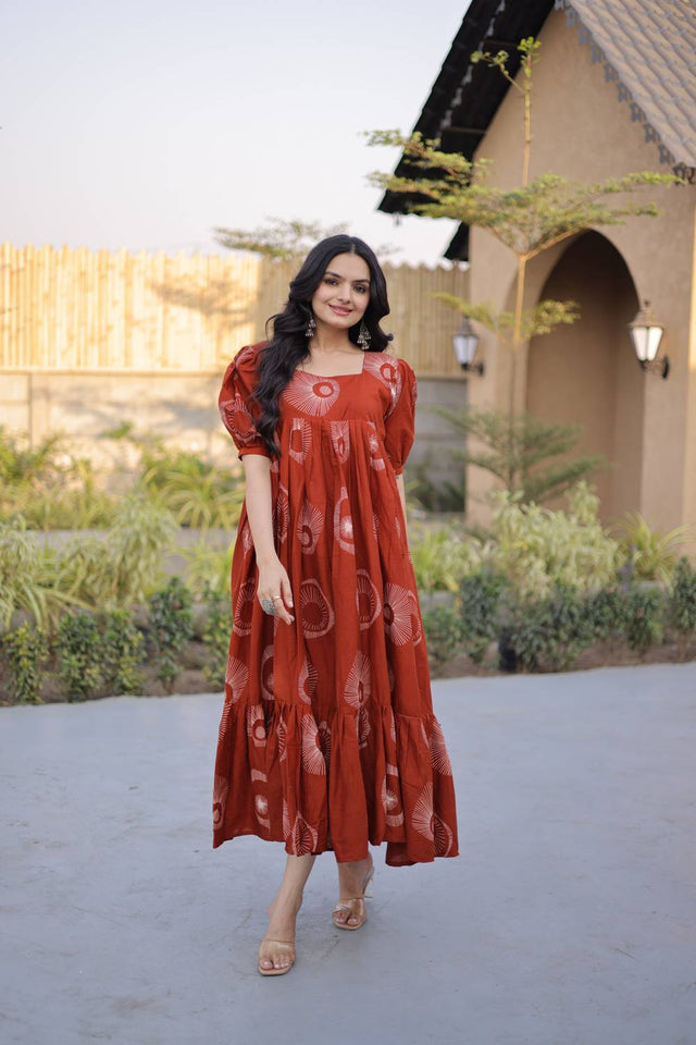 Rust Printed Cotton Dresses (ACA7003)