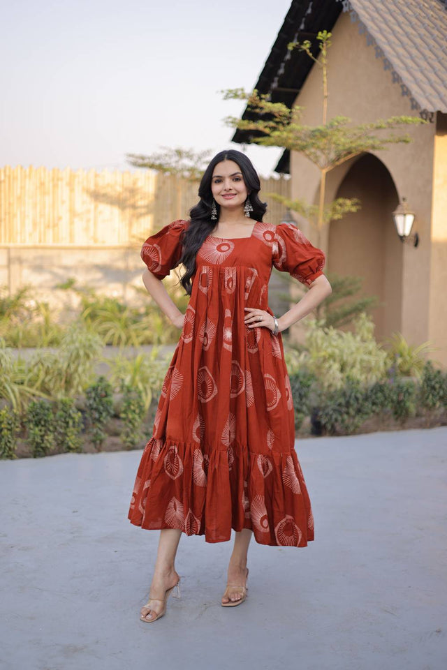 Rust Printed Cotton Dresses (ACA7003)