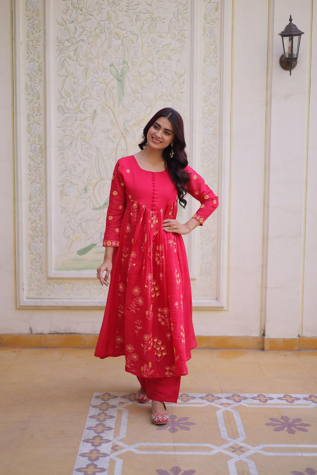 Pink Floral Embroidered Chanderi Anarkali Suits (ACA7005)