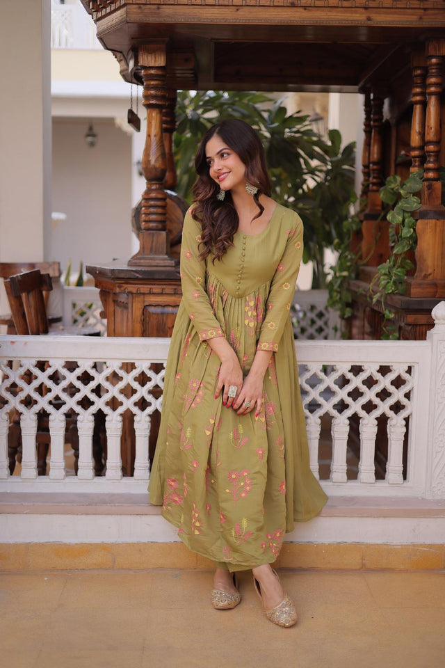 Green Floral Embroidered Chanderi Anarkali Suits (ACA7006)