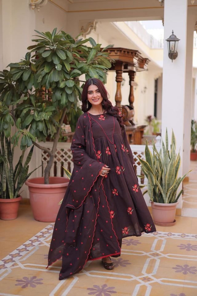 Brown Floral Embroidered Cotton Anarkali Suits (ACA7007)