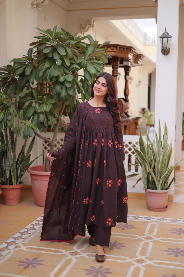 Brown Floral Embroidered Cotton Anarkali Suits (ACA7007)