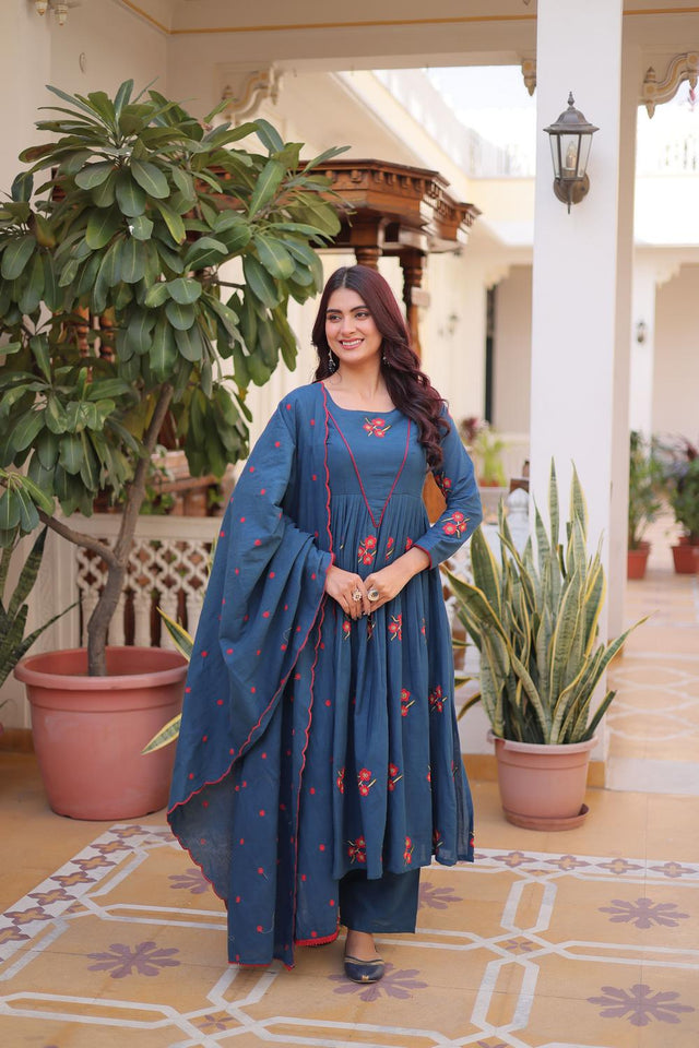 Blue Floral Embroidered Cotton Anarkali Suits (ACA7008)