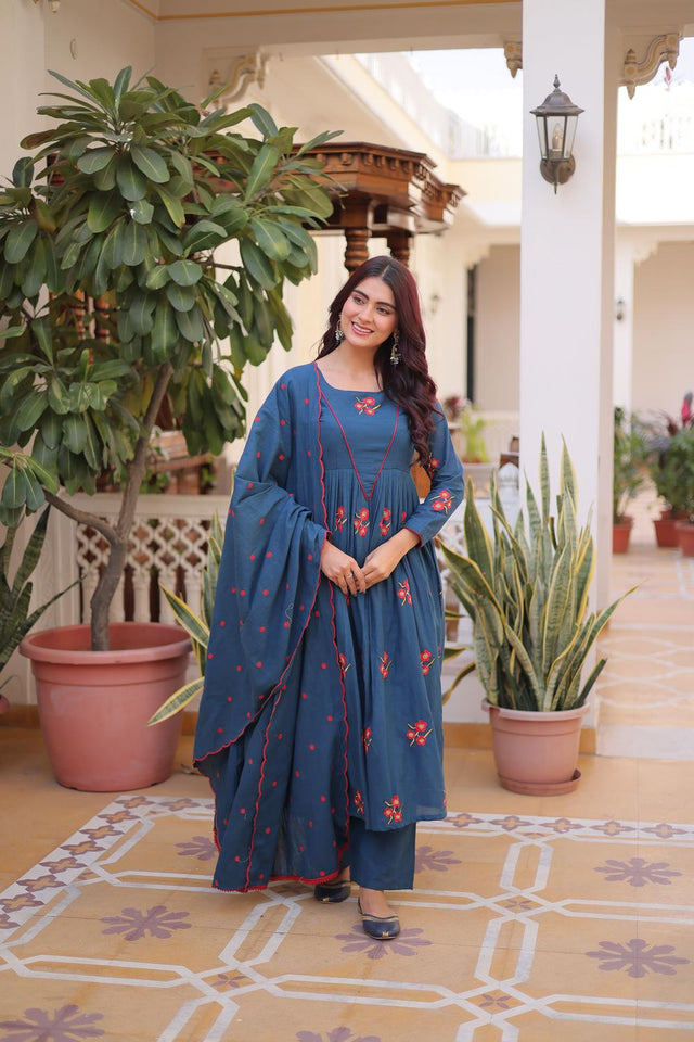 Blue Floral Embroidered Cotton Anarkali Suits (ACA7008)