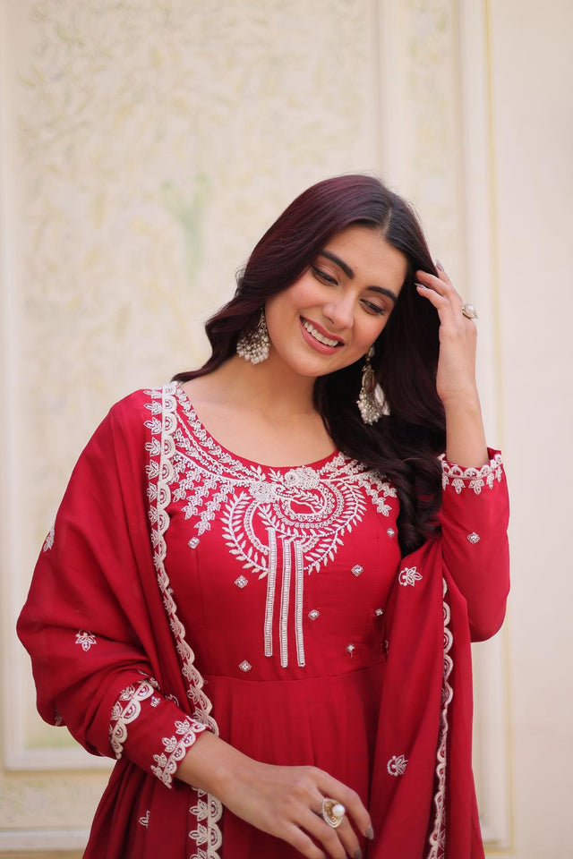 Red Floral Embroidered Chanderi Anarkali Suits (ACA7009)