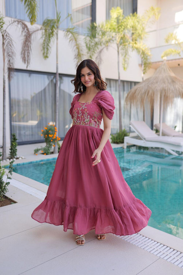 Pink Floral Embroidered Chanderi Gown (ACA7010)