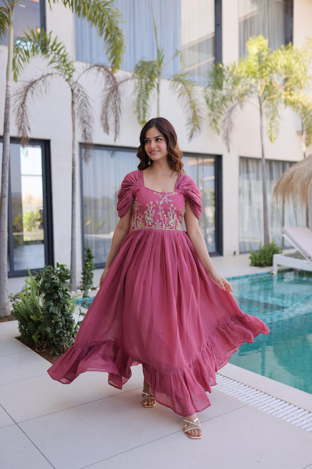 Pink Floral Embroidered Chanderi Gown (ACA7010)