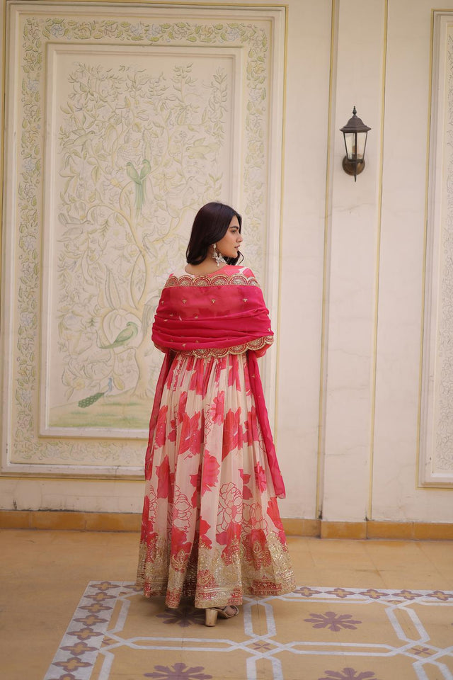 Pink Floral Printed Silk Gown (ACA7012)