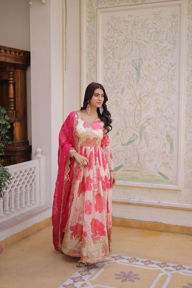 Pink Floral Printed Silk Gown (ACA7012)