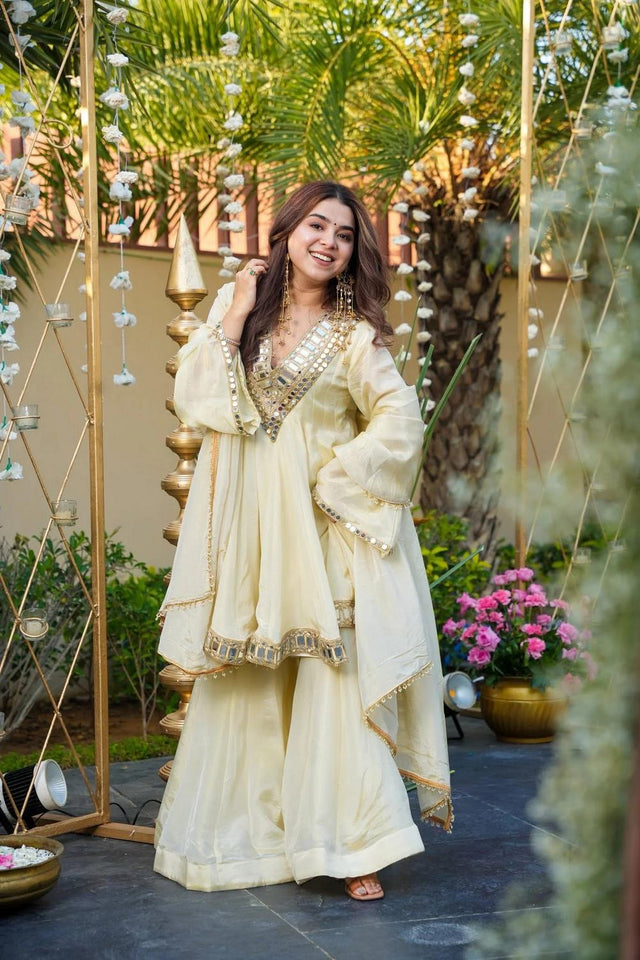 Cream Mirror Embroidered Chinon Sharara Suits (ACA7028)