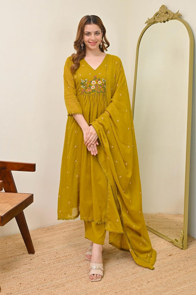 Mustard Floral Embroidered Chanderi Kurti Pant Set (ACA7032)