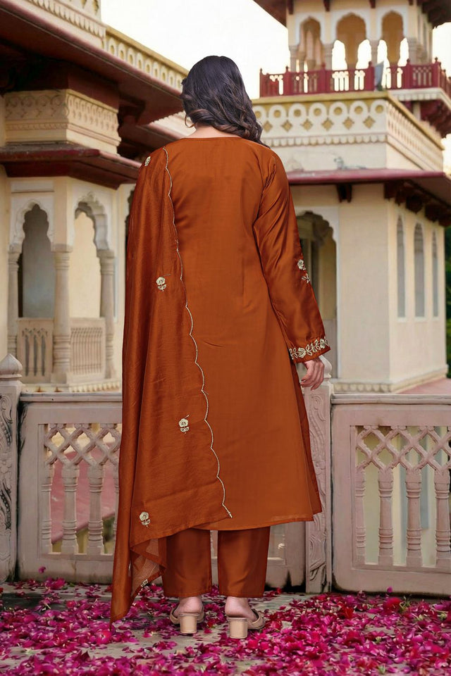 Rust Floral Embroidered Chanderi Kurti Pant Set (ACA7034)