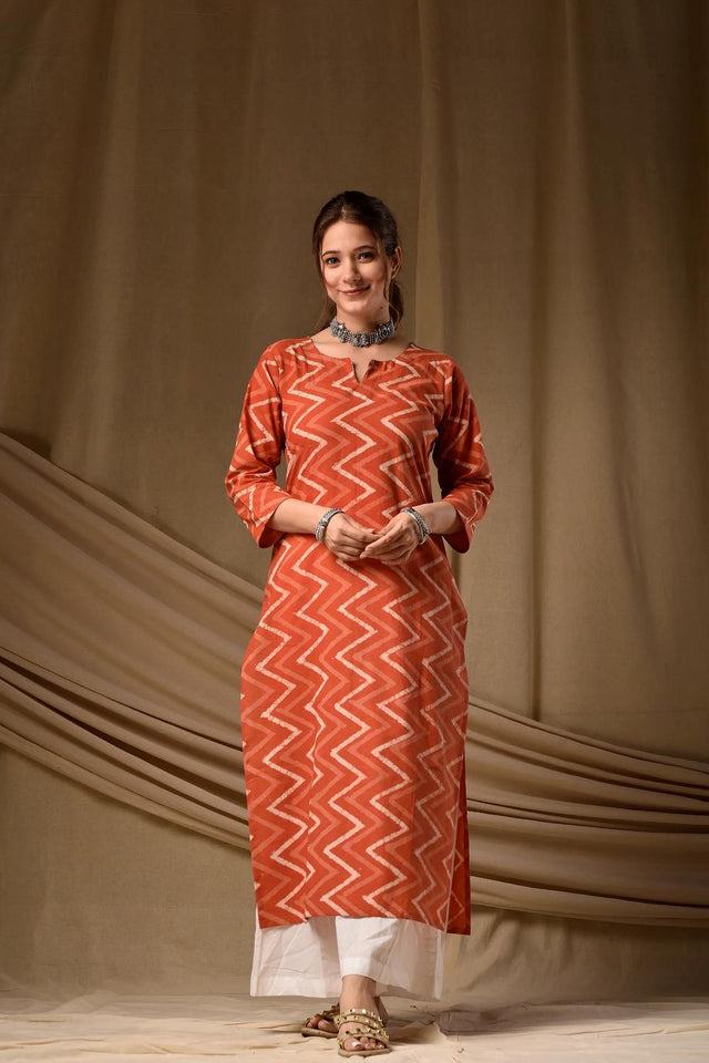 Rust Printed Cotton Long Kurtis (ACA7043)