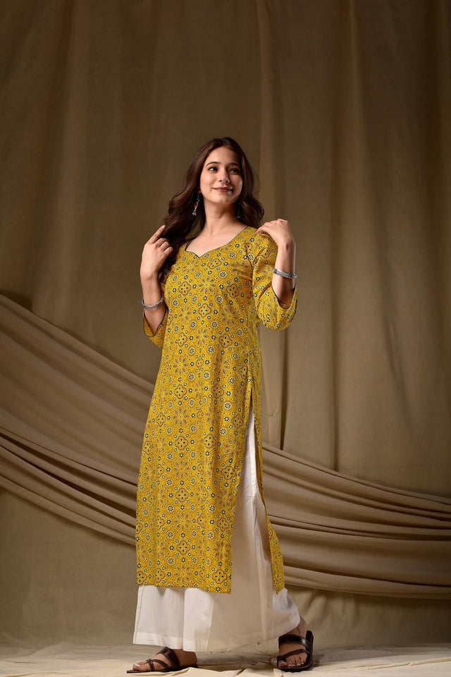 Mustard Floral Printed Cotton Long Kurtis (ACA7047)