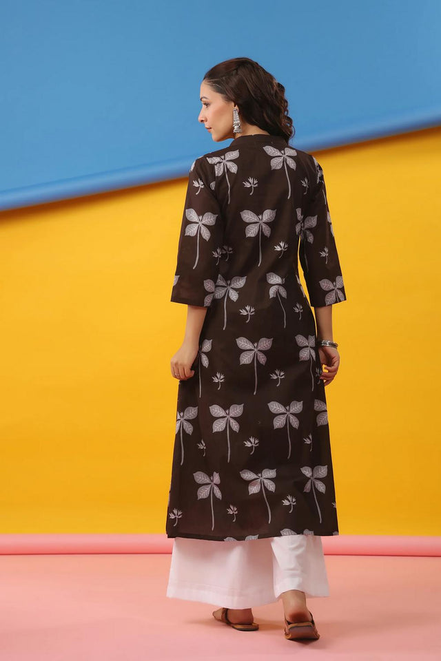Brown Floral Printed Cotton Long Kurtis (ACA7048)