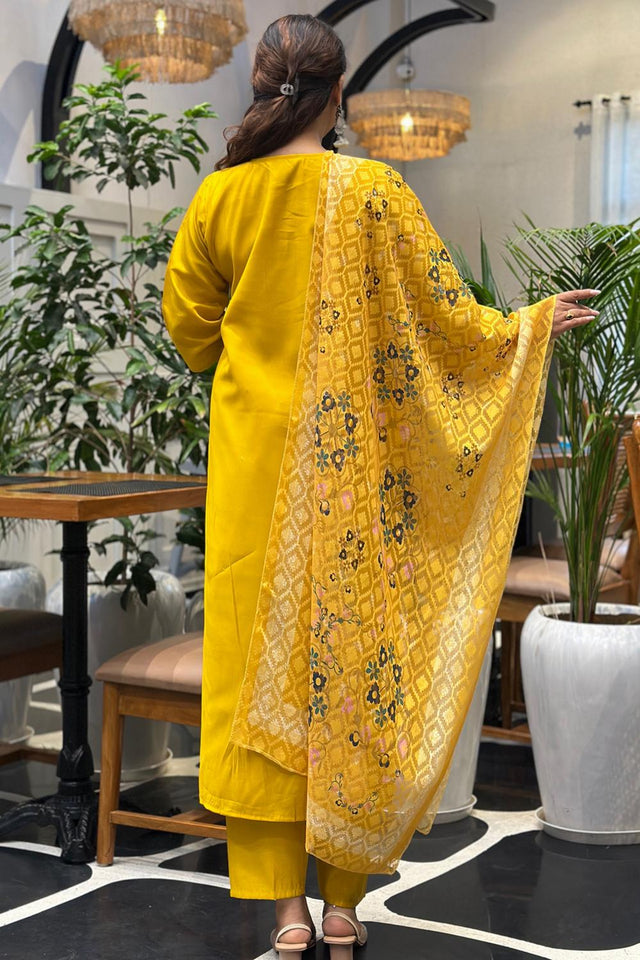 Yellow Floral Embroidered Silk Blend Kurti Pant Set (ACA7101)