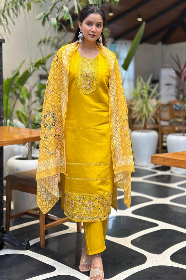 Yellow Floral Embroidered Silk Blend Kurti Pant Set (ACA7101)