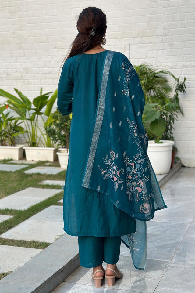 Turquoise Floral Embroidered Silk Blend Kurti Pant Set (ACA7102)