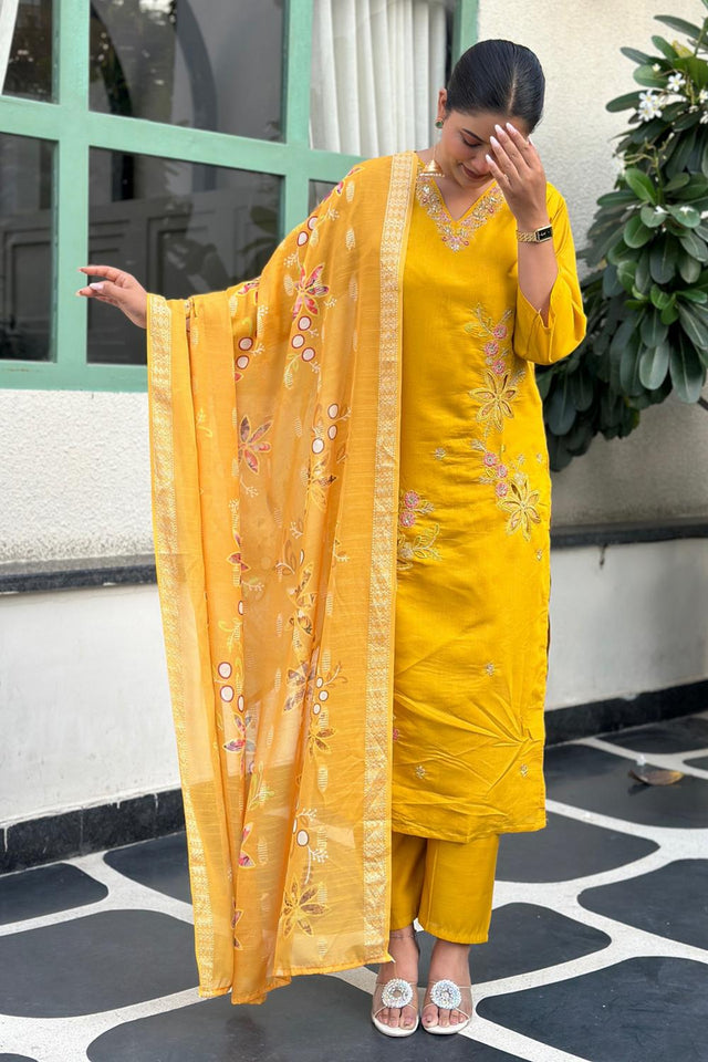 Yellow Floral Embroidered Silk Blend Kurti Pant Set (ACA7103)