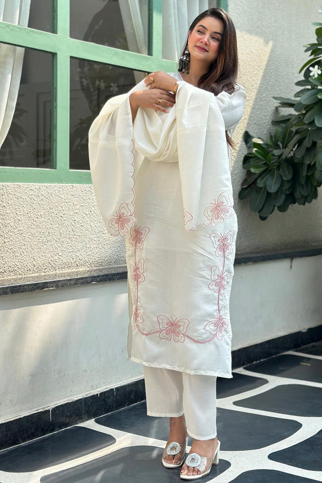 White Embroidered Silk Blend Kurti Pant Set (ACA7104)