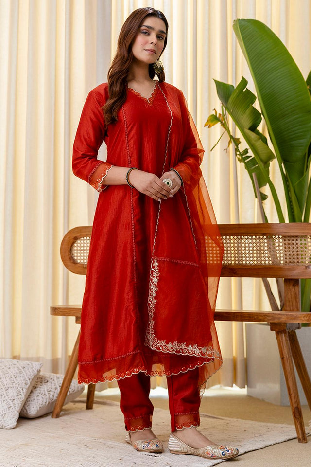 Rust Embroidered Silk Blend Kurti Pant Set (ACA7106)