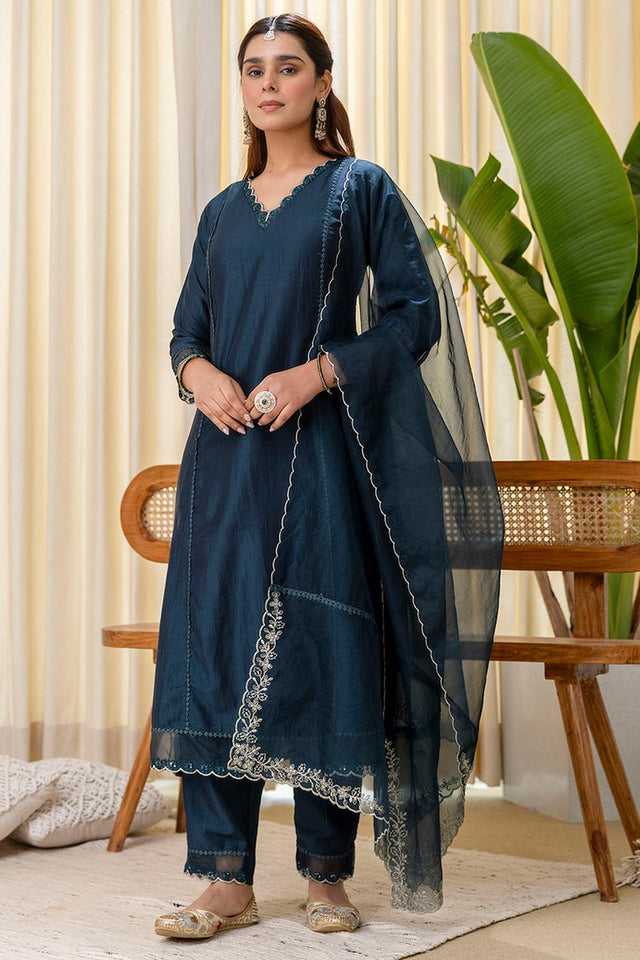 Turquoise Sequin with Embroidered Silk Blend Kurti Pant Set (ACA7107)