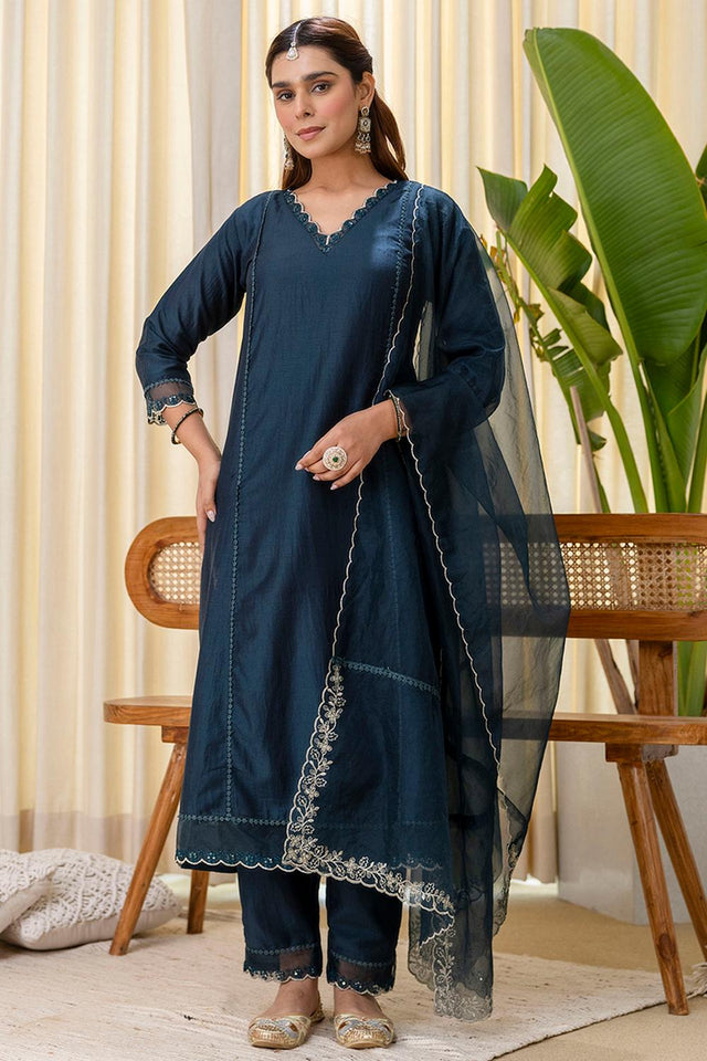 Turquoise Sequin with Embroidered Silk Blend Kurti Pant Set (ACA7107)