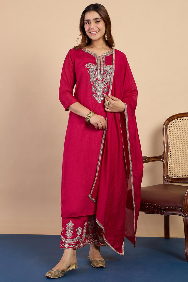 Pink Sequin with Embroidered Silk Blend Kurti Pant Set (ACA7108)