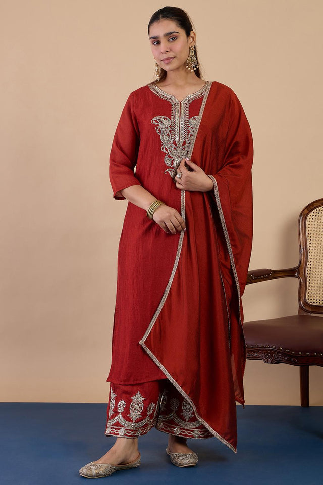 Rust Sequin with Embroidered Silk Blend Kurti Pant Set (ACA7109)