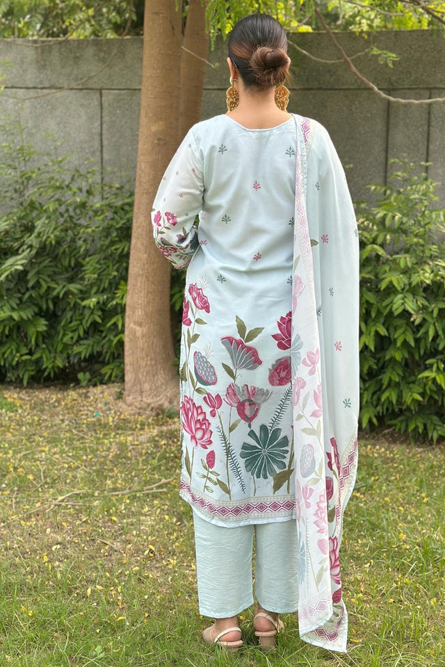 Blue Floral Printed Silk Blend Kurti Pant Set (ACA7110)