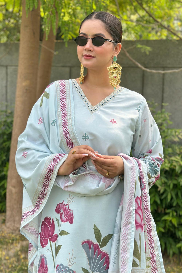 Blue Floral Printed Silk Blend Kurti Pant Set (ACA7110)