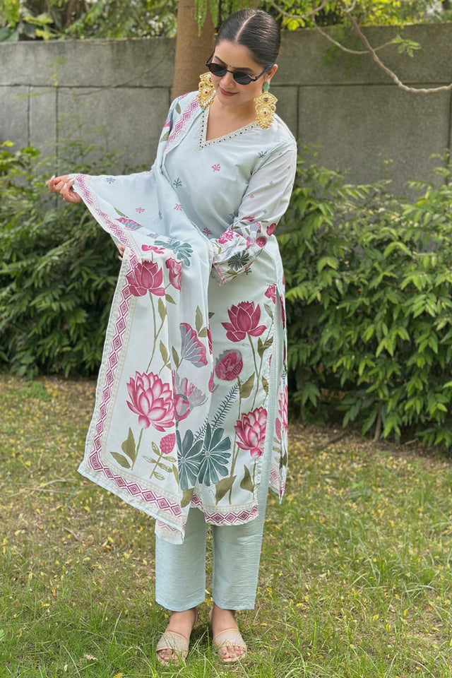 Blue Floral Printed Silk Blend Kurti Pant Set (ACA7110)