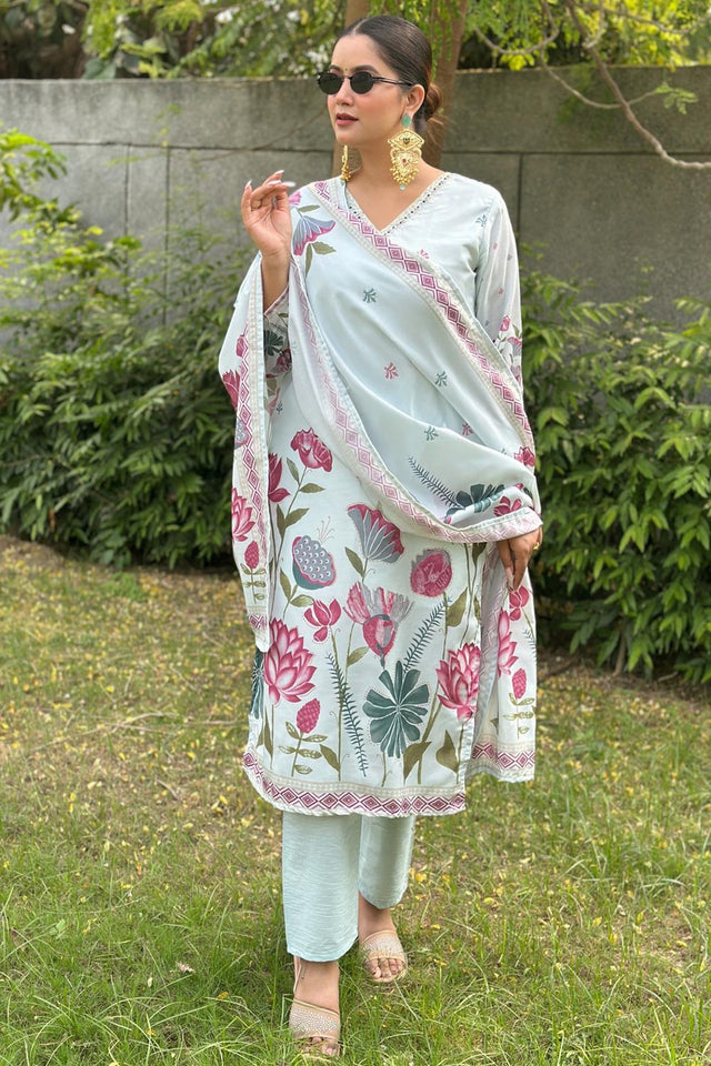 Blue Floral Printed Silk Blend Kurti Pant Set (ACA7110)