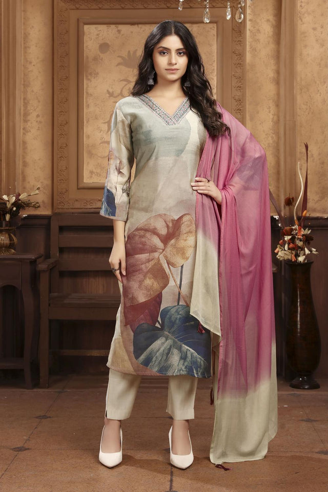 Grey Printed Chanderi Kurti Pant Set (ACA7111)