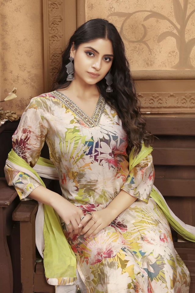 Olive Green Printed Chanderi Kurti Pant Set (ACA7112)