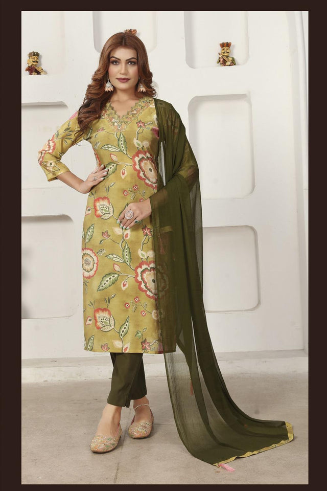 Green Printed Chanderi Kurti Pant Set (ACA7114)
