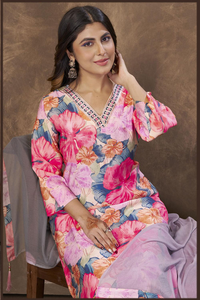 Pink Printed Chanderi Kurti Pant Set (ACA7116)