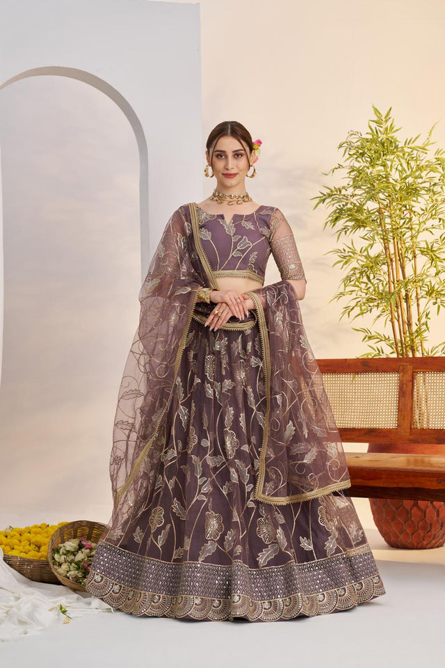 Pink Floral Embroidered Net Lehenga (ACA7118)
