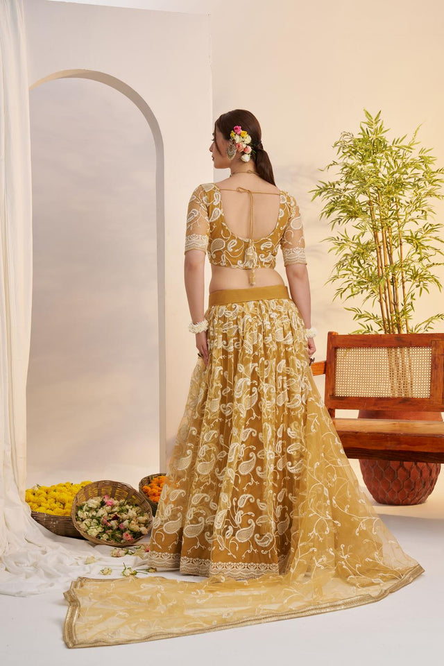 Mustard Floral Embroidered Net Lehenga (ACA7119)