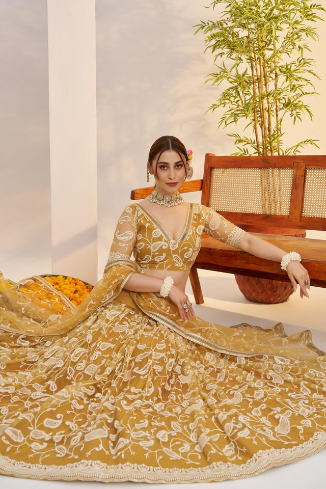 Mustard Floral Embroidered Net Lehenga (ACA7119)