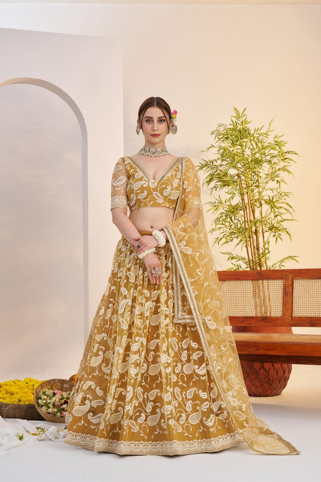 Mustard Floral Embroidered Net Lehenga (ACA7119)