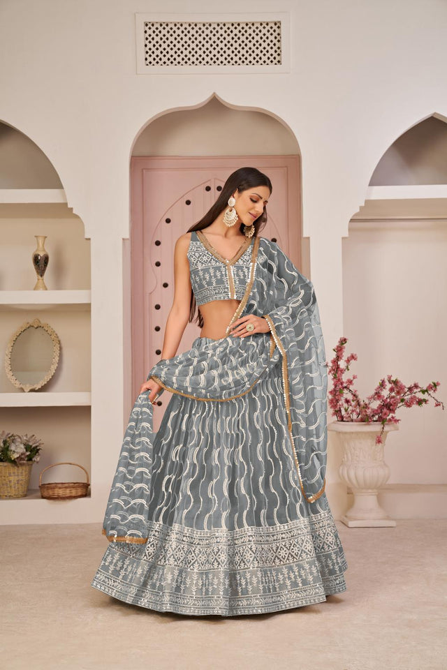 Grey Sequin with Embroidered Net Lehenga (ACA7124)