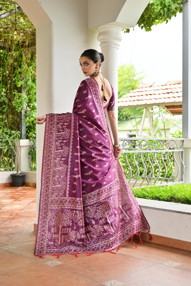 Wine Woven Warli Design Silk Saree (ACA7127)