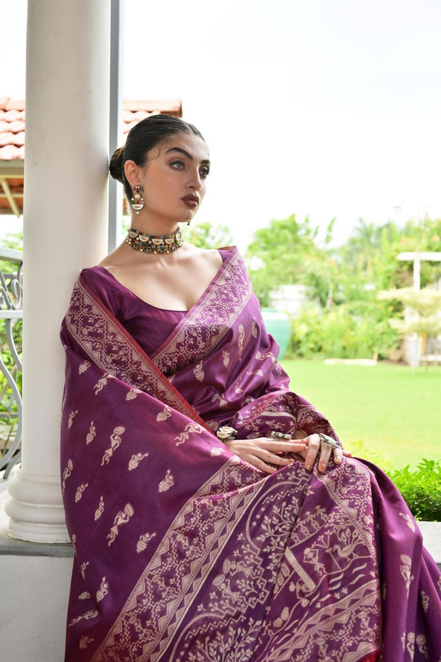 Wine Woven Warli Design Silk Saree (ACA7127)
