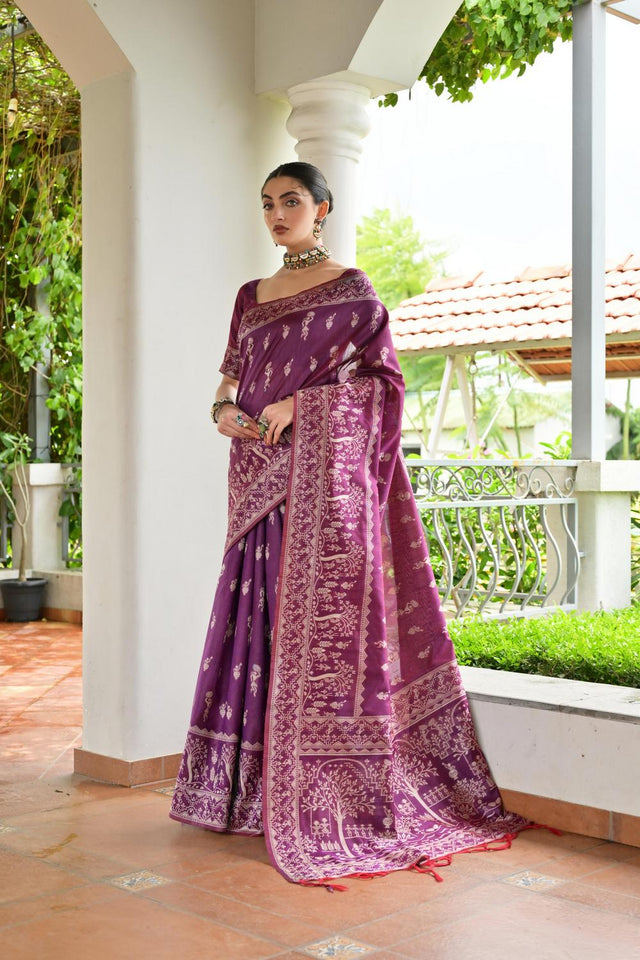Wine Woven Warli Design Silk Saree (ACA7127)