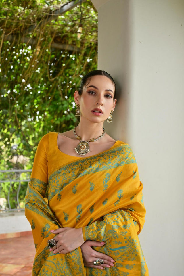 Yellow Woven Warli Design Silk Saree (ACA7128)